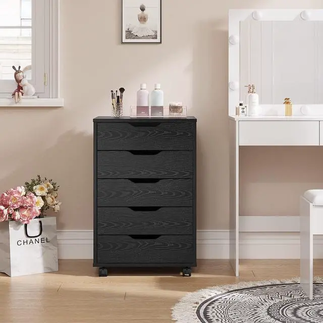 Alt view image 2 of 6 - 5/7 Drawer Mobile File Cabinet, Wooden Under Desk Storage with Wheels Office Organization Vertical Filing Chest of Drawers for Home Office (Black, 5 Drawer)