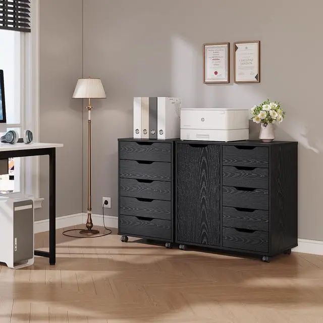 Alt view image 4 of 6 - 5/7 Drawer Mobile File Cabinet, Wooden Under Desk Storage with Wheels Office Organization Vertical Filing Chest of Drawers for Home Office (Black, 5 Drawer)
