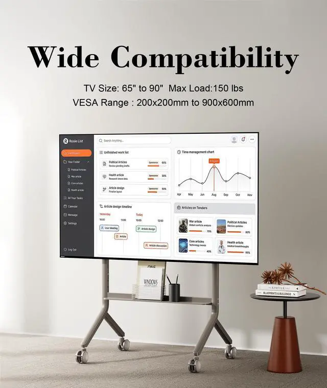 Alt view image 4 of 6 - NB Mobile TV Cart, UL Listed, Rolling TV Stand with Wheels for 65-90 Inch LCD OLED Flat Panel Screen TV or Smart Board, Load up to 150 lbs, Max VESA 900x600mm P100