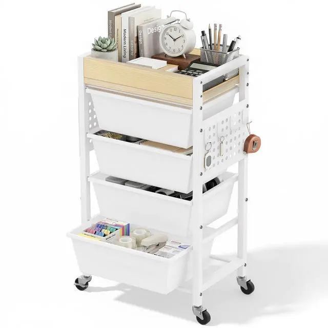 Main image of 5 Tier Rolling Cart with Drawers, Plastic Drawer Storage Craft Cart with Pegboards & Hooks, Metal Utility Cart with Wheels & Wooden Tabletop, Classroom Office Art Supply Organizers and Storage, White