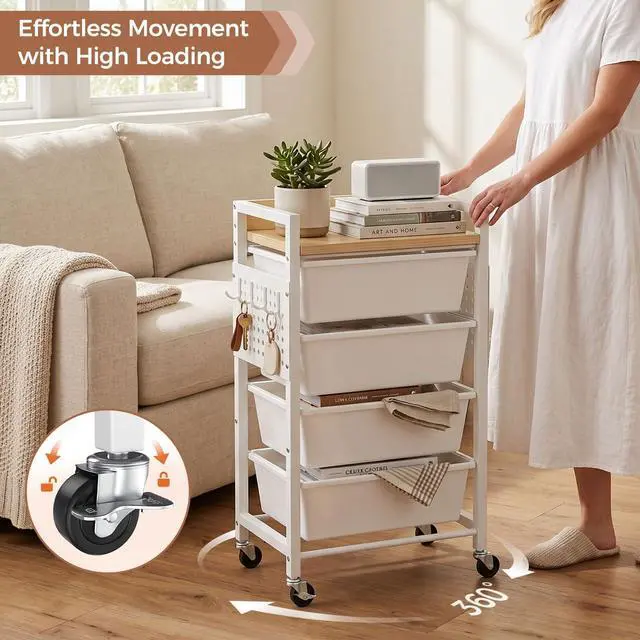 Alt view image 7 of 7 - 5 Tier Rolling Cart with Drawers, Plastic Drawer Storage Craft Cart with Pegboards & Hooks, Metal Utility Cart with Wheels & Wooden Tabletop, Classroom Office Art Supply Organizers and Storage, White