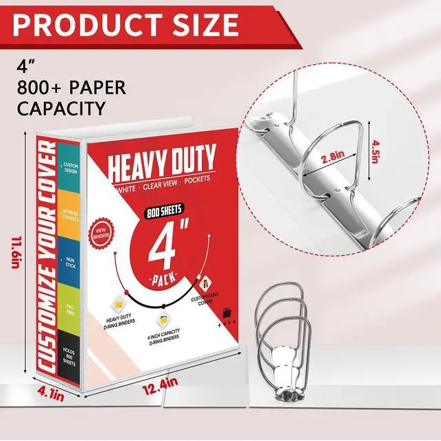 Alt view image 2 of 6 - 8 Pcs 3 Ring Binder 4 Inch Capacity D Ring Binders with Pockets Large 8.5" x 11" Presentation Folder View Binder with Clear Cover for Documents, Files, Projects, White
