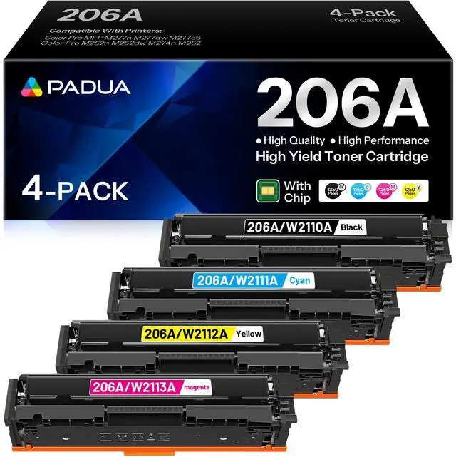 Main image of 206A Toner Cartridge 4 Pack (with Chip) Compatible W2110A W2111A W2112A W2113A Toner Replacement for HP 206A Color Pro MFP M283fdw M283cdw M282nw M283fdn Pro M255dw M255nw Toner Printer