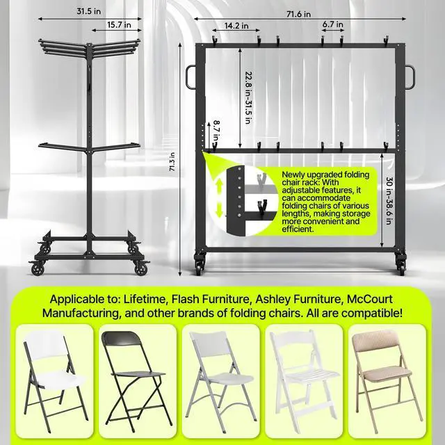 Alt view image 5 of 7 - Folding Chair Rack with Wheels - Heavy Duty Folding Chair Storage Cart & Chair Dolly 1100lb Capacity Steel Frame & Stabilizer for Church/Garage/Banquet (Dark Black)