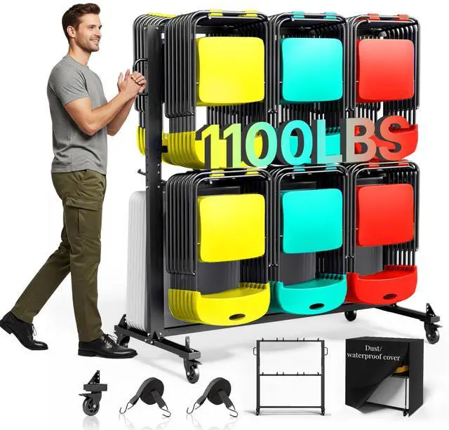 Main image of Folding Chair Rack with Wheels - Heavy Duty Folding Chair Storage Cart & Chair Dolly 1100lb Capacity Steel Frame & Stabilizer for Church/Garage/Banquet (Dark Black)