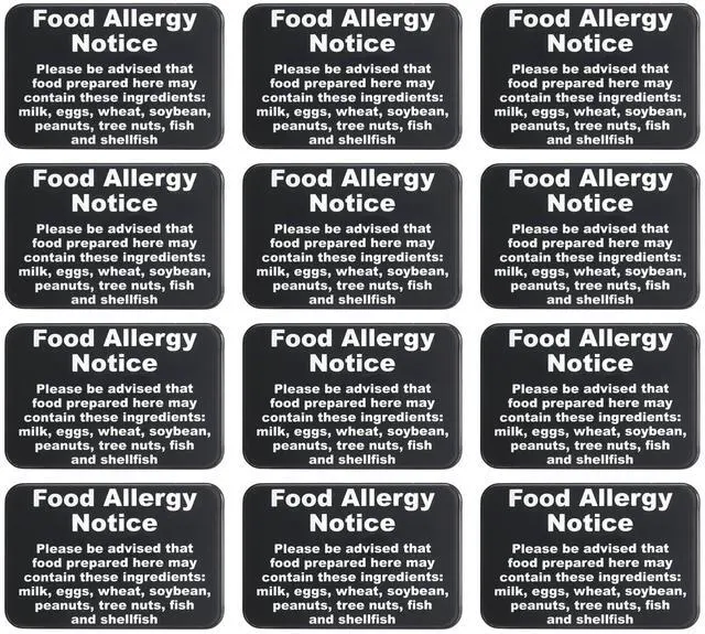 Main image of Food Allergy Notice Sign w/Adhesive Back - Durable and Wipe Clean Plastic Sign - 9"X6" - Black and White - Business Restaurant Signage for Food Allergy Warning - 12 PK