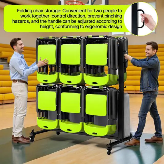 Alt view image 7 of 7 - Folding Chair Rack with Wheels - Heavy Duty Folding Chair Storage Cart & Chair Dolly 1100lb Capacity Steel Frame & Stabilizer for Church/Garage/Banquet (Dark Black)