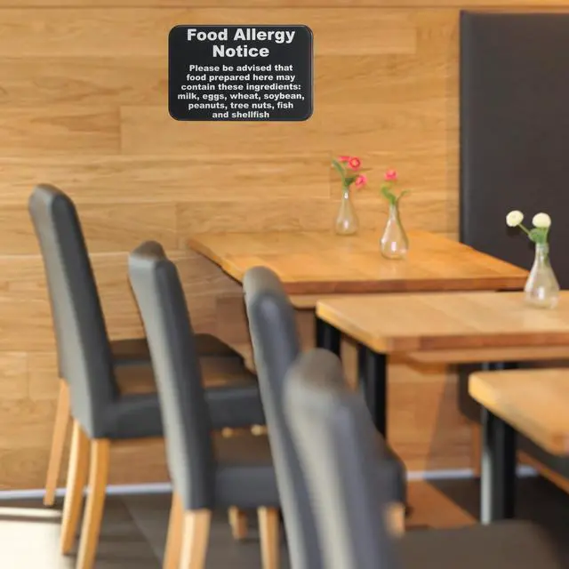 Alt view image 4 of 4 - Food Allergy Notice Sign w/Adhesive Back - Durable and Wipe Clean Plastic Sign - 9"X6" - Black and White - Business Restaurant Signage for Food Allergy Warning - 12 PK