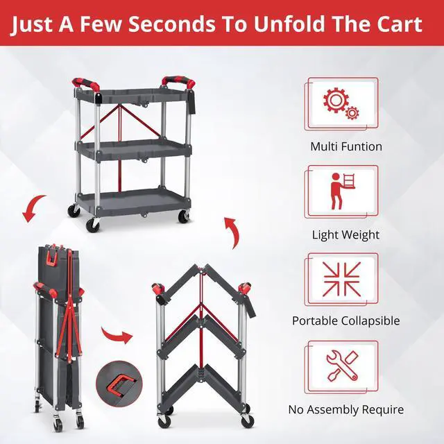 Alt view image 2 of 7 - Portable Folding Service Cart, 3 Tier Folding Utility Cart, Collapsible Utility Carts for Office, Warehouse, and Home, 56 Lbs Load Capacity per Shelf (Grey & Red)