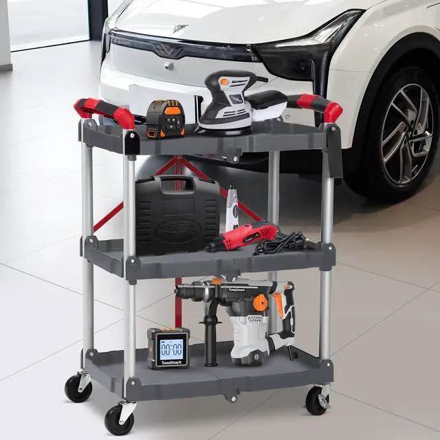 Alt view image 5 of 7 - Portable Folding Service Cart, 3 Tier Folding Utility Cart, Collapsible Utility Carts for Office, Warehouse, and Home, 56 Lbs Load Capacity per Shelf (Grey & Red)