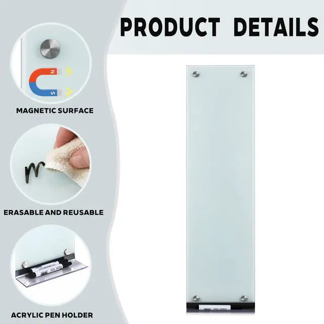 Alt view image 4 of 6 - Slim Skinny Magnetic Glass Whiteboard, 35.5 x 11.9 in Narrow Long Dry Erase Board, Frameless Wall-Mounted to Do List Board with Marker Tray, 2 Markers & Eraser for Office Kitchen Home