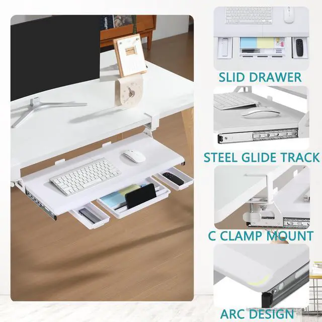 Alt view image 2 of 7 - Keyboard Tray Under Desk, Pull Out Keyboard & Mouse Tray with C-clamp, Ergonomic Desk Keyboard Tray Slide Out, Pull Out Platform Drawer for Home and Office(White)