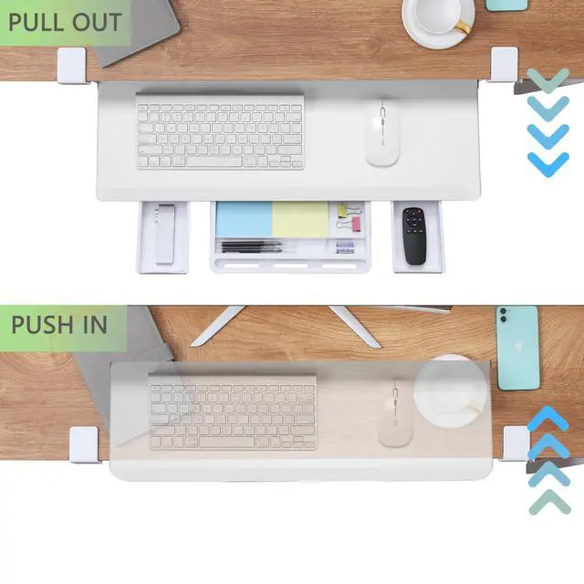 Alt view image 7 of 7 - Keyboard Tray Under Desk, Pull Out Keyboard & Mouse Tray with C-clamp, Ergonomic Desk Keyboard Tray Slide Out, Pull Out Platform Drawer for Home and Office(White)