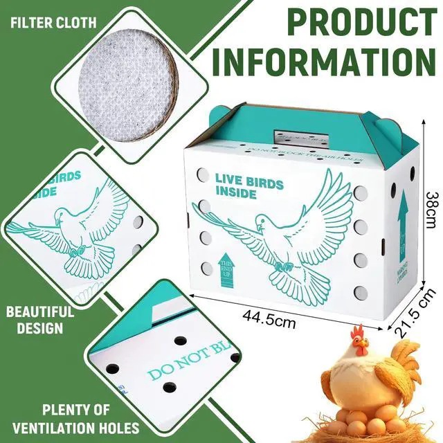 Alt view image 2 of 6 - 15 Pack Single Live Chicken Shipping Boxes 17.5 x 8.5 x 11.5" Live Bird Shipping Boxes Cardboard Pet Carrier with Handle for Poultry, Pigeons, & Canaries (Green)