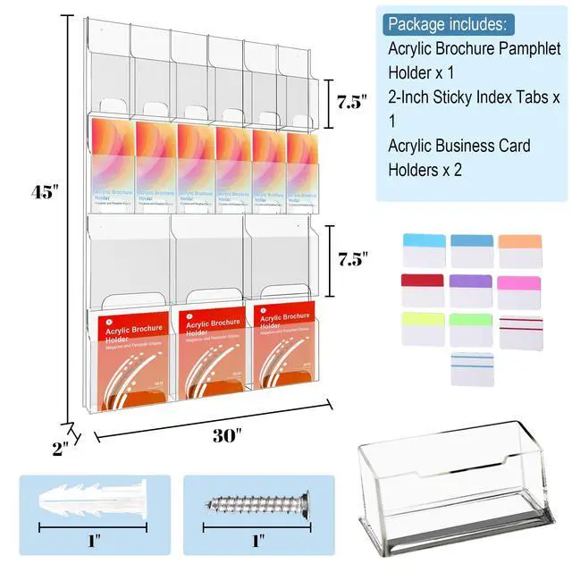 Alt view image 2 of 7 - Acrylic Brochure Holder Wall Mount, Magazine and Pamphlet Display, Clear Literature Organizer Rack for 12 Pamphlets and 6 Magazines, Flyer Pamphlet Holder with Business Card Holders and Index Tabs