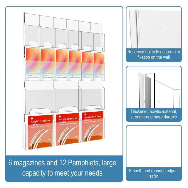 Alt view image 3 of 7 - Acrylic Brochure Holder Wall Mount, Magazine and Pamphlet Display, Clear Literature Organizer Rack for 12 Pamphlets and 6 Magazines, Flyer Pamphlet Holder with Business Card Holders and Index Tabs