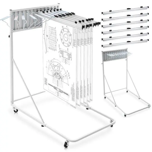 Main image of Mobile Blueprint Holder Rack, Adjustable Mobile Blueprint Holder with 6 30 In Hanging Clamps 4 Wheels Poster Display Rack Storage Organizer Stand for File Display Plan Office Home(Silver)