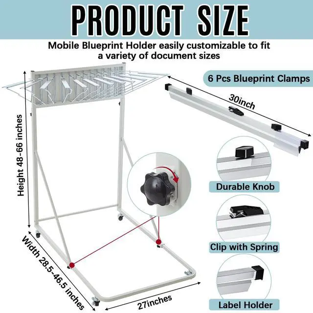 Alt view image 2 of 7 - Mobile Blueprint Holder Rack, Adjustable Mobile Blueprint Holder with 6 30 In Hanging Clamps 4 Wheels Poster Display Rack Storage Organizer Stand for File Display Plan Office Home(Silver)