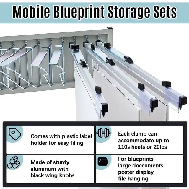 Alt view image 3 of 7 - Mobile Blueprint Holder Rack, Adjustable Mobile Blueprint Holder with 6 30 In Hanging Clamps 4 Wheels Poster Display Rack Storage Organizer Stand for File Display Plan Office Home(Silver)