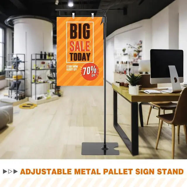 Alt view image 3 of 6 - 1 Pcs Adjustable Hanging Poster Stand Sign Holder 43-87 Inch Pallet Floor Standing Poster Display Black Heavy Duty Double Sided Clip on Mobile Banner Stand with Base for Outdoor Hanging Display