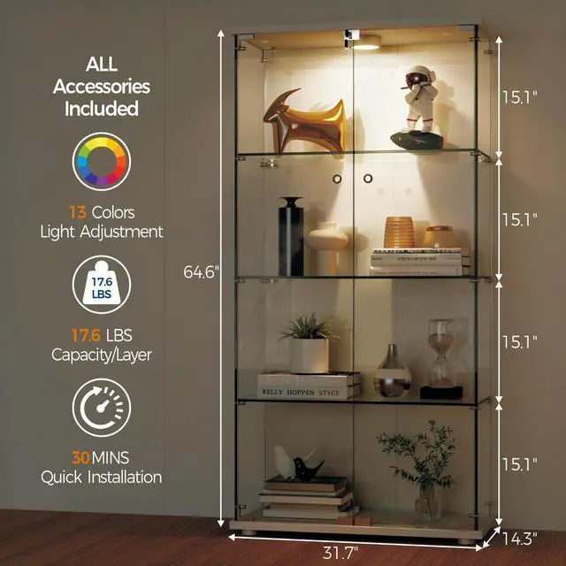 Alt view image 2 of 7 - 4 Shelves Display Cabinet, Tempered Glass Curio Showcase with LED Light & Lock, Double Doors Storage Cabinet for Living Room Bedroom Office, White, 64x31.7x14.3 Inch