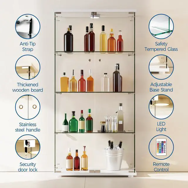 Alt view image 3 of 7 - 4 Shelves Display Cabinet, Tempered Glass Curio Showcase with LED Light & Lock, Double Doors Storage Cabinet for Living Room Bedroom Office, White, 64x31.7x14.3 Inch