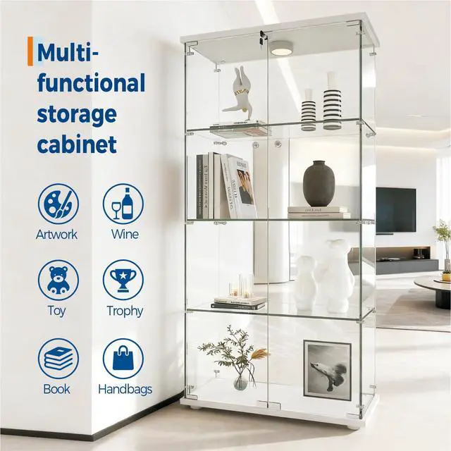 Alt view image 4 of 7 - 4 Shelves Display Cabinet, Tempered Glass Curio Showcase with LED Light & Lock, Double Doors Storage Cabinet for Living Room Bedroom Office, White, 64x31.7x14.3 Inch