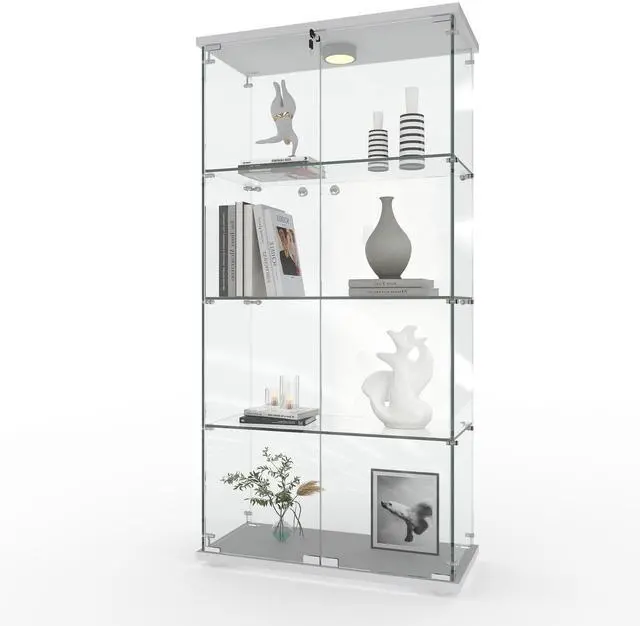 Main image of 4 Shelves Display Cabinet, Tempered Glass Curio Showcase with LED Light & Lock, Double Doors Storage Cabinet for Living Room Bedroom Office, White, 64x31.7x14.3 Inch