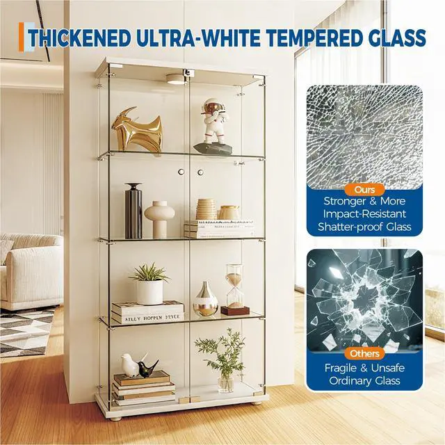 Alt view image 6 of 7 - 4 Shelves Display Cabinet, Tempered Glass Curio Showcase with LED Light & Lock, Double Doors Storage Cabinet for Living Room Bedroom Office, White, 64x31.7x14.3 Inch