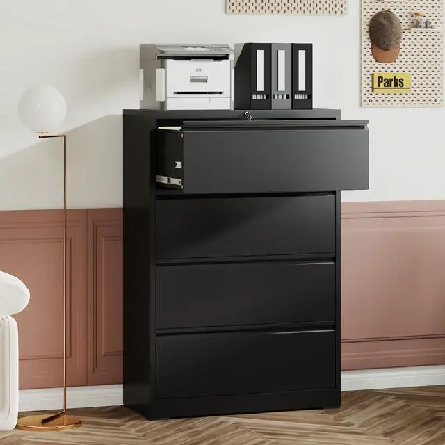 Alt view image 3 of 7 - 4 Drawer Lateral File Cabinet with Lock, Metal Filing Cabinet, Black | Wide Lockable File Cabinet for Letter/Legal/A4/F4 Storage with Silent Full-Extension Slides, Anti-Tilt Safety for Home Office