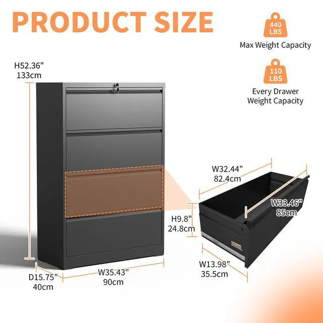 Alt view image 2 of 7 - 4 Drawer Lateral File Cabinet with Lock, Metal Filing Cabinet, Black | Wide Lockable File Cabinet for Letter/Legal/A4/F4 Storage with Silent Full-Extension Slides, Anti-Tilt Safety for Home Office
