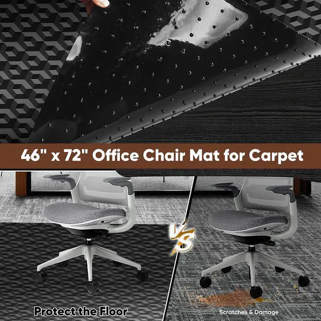 Alt view image 2 of 7 - 46 x 72 Office Chair Mat for Low-Pile Carpet, 2.2 mm Thick Clear Desk Chair Mat with Non-Slip Grips, Large Floor Protector for Low, Flat Carpeted Floors (Black)