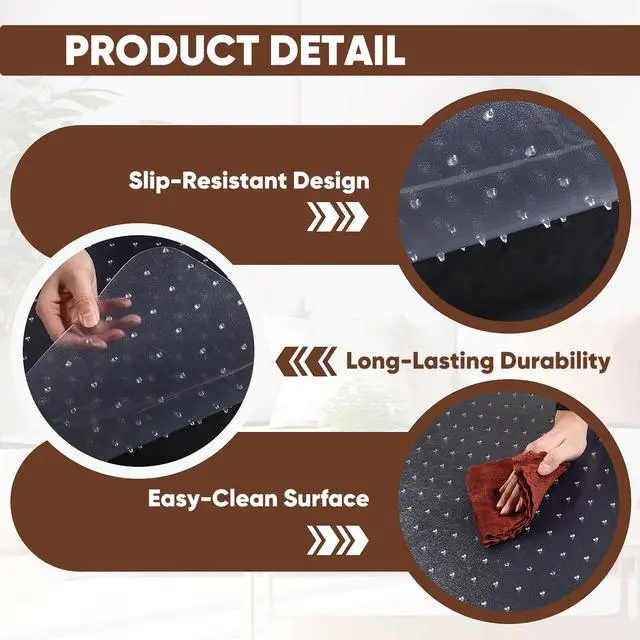 Alt view image 4 of 7 - 46 x 72 Office Chair Mat for Low-Pile Carpet, 2.2 mm Thick Clear Desk Chair Mat with Non-Slip Grips, Large Floor Protector for Low, Flat Carpeted Floors (Clear)