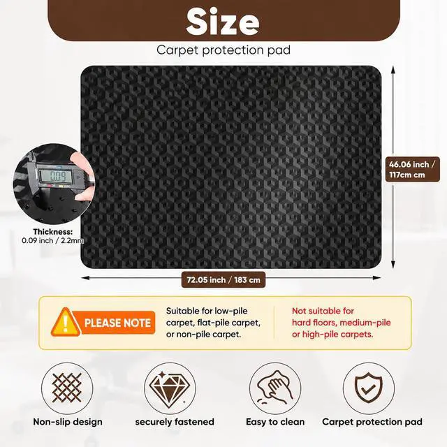 Alt view image 3 of 7 - 46 x 72 Office Chair Mat for Low-Pile Carpet, 2.2 mm Thick Clear Desk Chair Mat with Non-Slip Grips, Large Floor Protector for Low, Flat Carpeted Floors (Black)