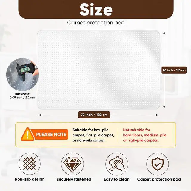 Alt view image 3 of 7 - 46 x 72 Office Chair Mat for Low-Pile Carpet, 2.2 mm Thick Clear Desk Chair Mat with Non-Slip Grips, Large Floor Protector for Low, Flat Carpeted Floors (Clear)