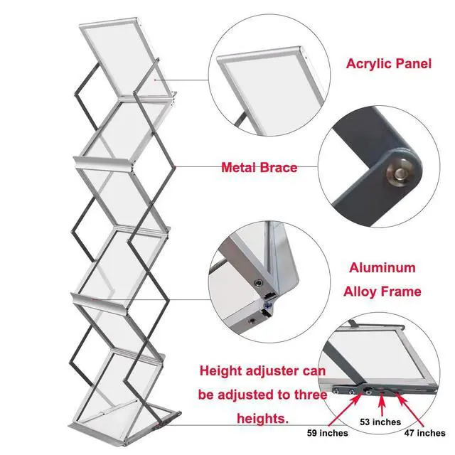 Alt view image 3 of 6 - Foldable Aluminum Magazine Rack, Portable Pop-up Display Stand, 6 Pockets, A4 Size, for Trade Shows, Office, Retail Store