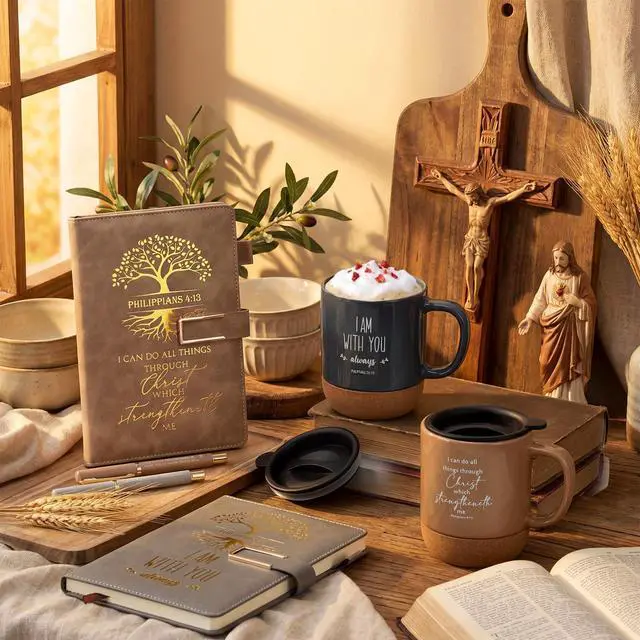 Alt view image 7 of 7 - 6 Set 6 Set Christian Gift for Men Women,Religious Church Gift with 15 oz Bible Verse Ceramic Coffee Mug A5 Journal Notebook Pen for Pastor Clergy Appreciation (Light Color,Fashion)