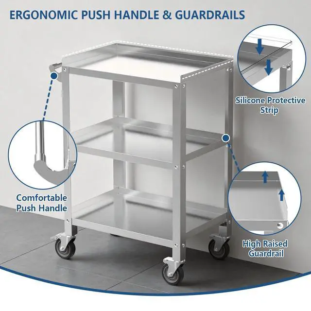 Alt view image 3 of 7 - Stainless Steel Utility Cart 3 Tier - Heavy Duty Rolling Cart with Silent Wheels & Handle, Commercial Food Storage Trolley for Kitchen Restaurant Hospital Lab and Home, 16L x 24W x 34H