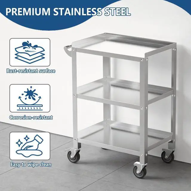 Alt view image 5 of 7 - Stainless Steel Utility Cart 3 Tier - Heavy Duty Rolling Cart with Silent Wheels & Handle, Commercial Food Storage Trolley for Kitchen Restaurant Hospital Lab and Home, 16L x 24W x 34H