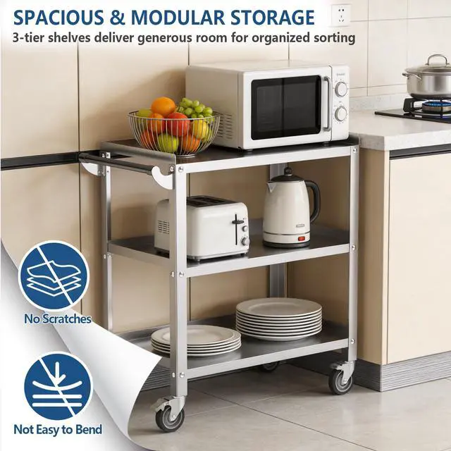 Alt view image 6 of 7 - Stainless Steel Utility Cart 3 Tier - Heavy Duty Rolling Cart with Silent Wheels & Handle, Commercial Food Storage Trolley for Kitchen Restaurant Hospital Lab and Home, 16L x 24W x 34H