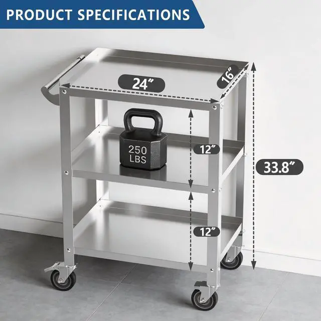 Alt view image 2 of 7 - Stainless Steel Utility Cart 3 Tier - Heavy Duty Rolling Cart with Silent Wheels & Handle, Commercial Food Storage Trolley for Kitchen Restaurant Hospital Lab and Home, 16L x 24W x 34H