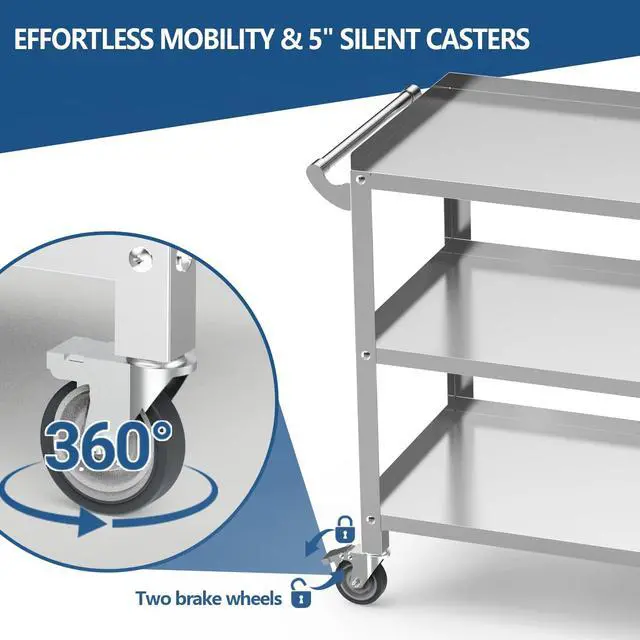 Alt view image 4 of 7 - Stainless Steel Utility Cart 3 Tier - Heavy Duty Rolling Cart with Silent Wheels & Handle, Commercial Food Storage Trolley for Kitchen Restaurant Hospital Lab and Home, 16L x 24W x 34H