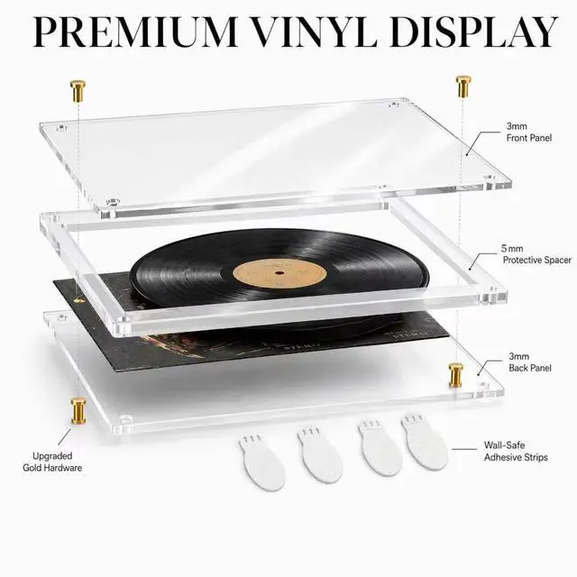 Alt view image 3 of 6 - 3 Pack Clear Acrylic Vinyl Record Album Display Frame for Single LP | Self Adhesive Wall Mount Display Holder, No Drill Frameless 12.5x12.5 Music Album Cover Frame for Wall Art Decor