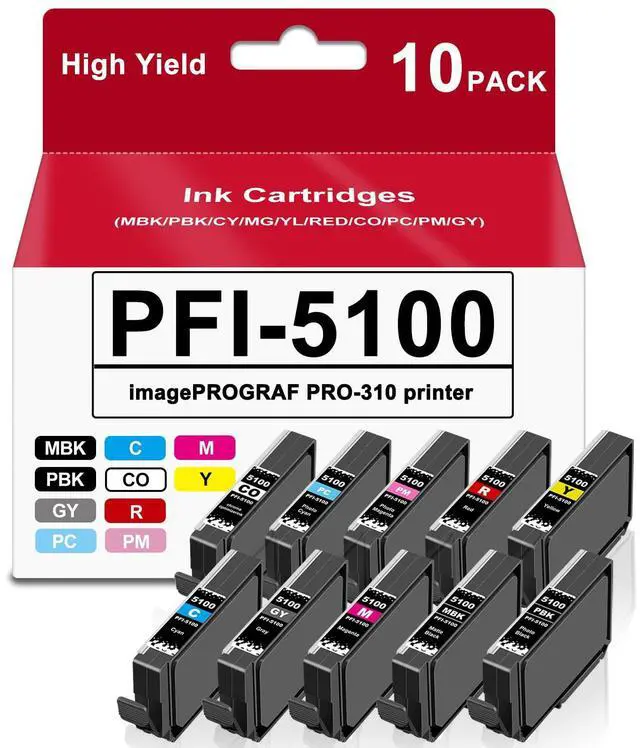 Main image of PFI-5100 Ink Cartridges Compatible with Canon imagePROGRAF PRO-310 Printer | High Yield PFI 5100 10-Pack Pigment Ink Set (MBK, PBK, C, M, Y, R, GY, PC, PM, CO) with New Chip Bright Colors