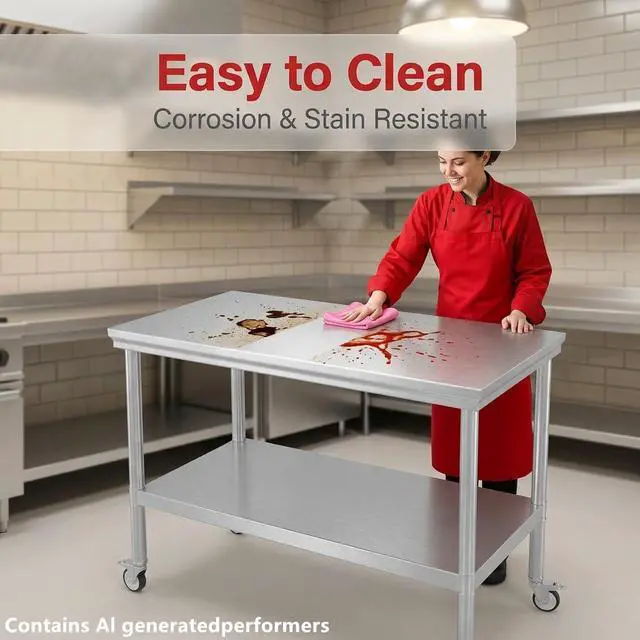 Alt view image 5 of 7 - Stainless Steel Pulley Workbench with Casters, Commercial Heavy-Duty Workbench and Preparation Table with Lower Shelf, Suitable for Restaurant Kitchens, Outdoor BBQs, and Garages (24 * 48Inch)