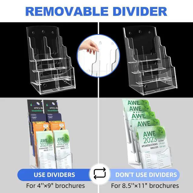 Alt view image 7 of 7 - 2 Pcs Acrylic Brochure Holder 8.5x11 Inch, 4 Tier Clear Pamphlet Holder, With Removable Divider for 4 x9 Inch Flyer Holder, Wall Mount or Desktop Use (With Business Card Holder)