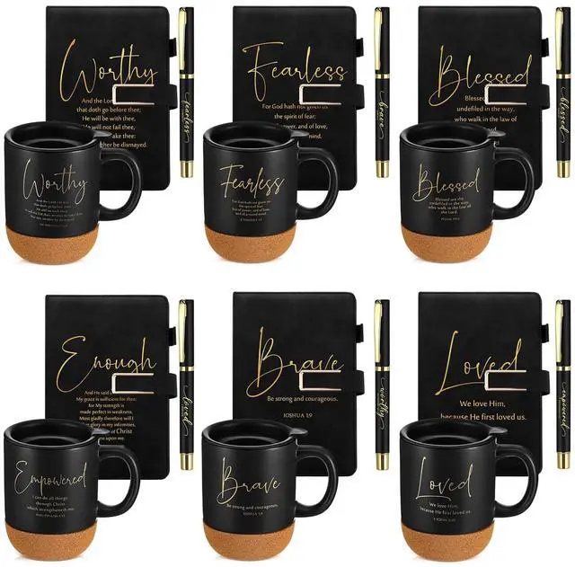 Main image of 6 Set 6 Set Christian Gift for Men Women,Religious Church Gift with 15 oz Bible Verse Ceramic Coffee Mug A5 Journal Notebook Pen for Pastor Clergy Appreciation (Black,Cute)