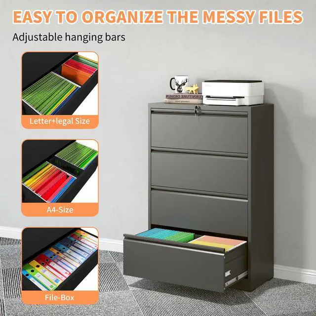 Alt view image 4 of 7 - 4 Drawer Lateral File Cabinet with Lock, Metal Filing Cabinet, Black | Wide Lockable File Cabinet for Letter/Legal/A4/F4 Storage with Silent Full-Extension Slides, Anti-Tilt Safety for Home Office