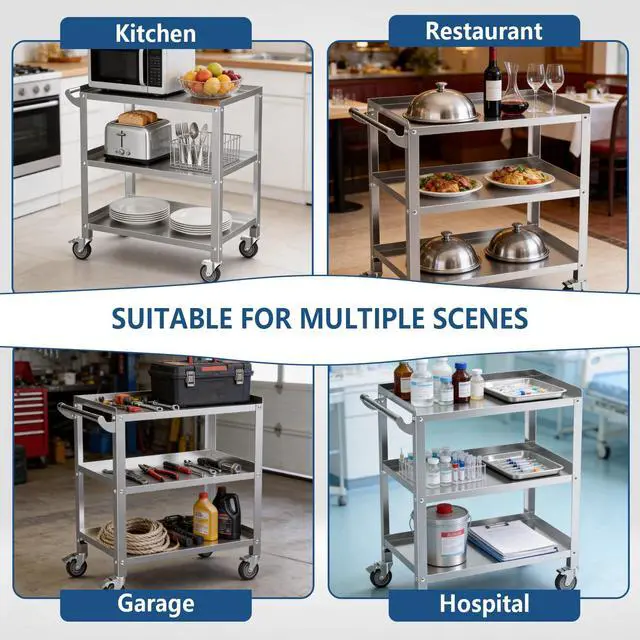 Alt view image 7 of 7 - Stainless Steel Utility Cart 3 Tier - Heavy Duty Rolling Cart with Silent Wheels & Handle, Commercial Food Storage Trolley for Kitchen Restaurant Hospital Lab and Home, 16L x 24W x 34H