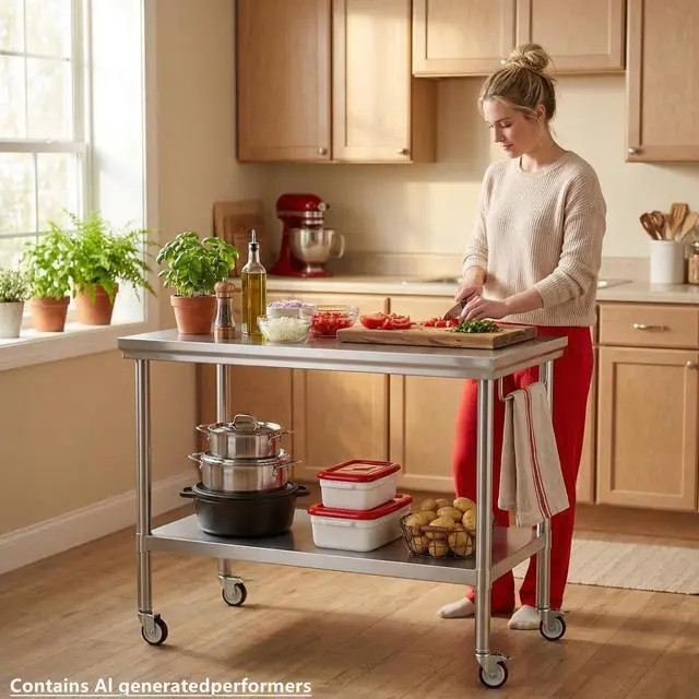 Alt view image 4 of 7 - Stainless Steel Pulley Workbench with Casters, Commercial Heavy-Duty Workbench and Preparation Table with Lower Shelf, Suitable for Restaurant Kitchens, Outdoor BBQs, and Garages (24 * 48Inch)